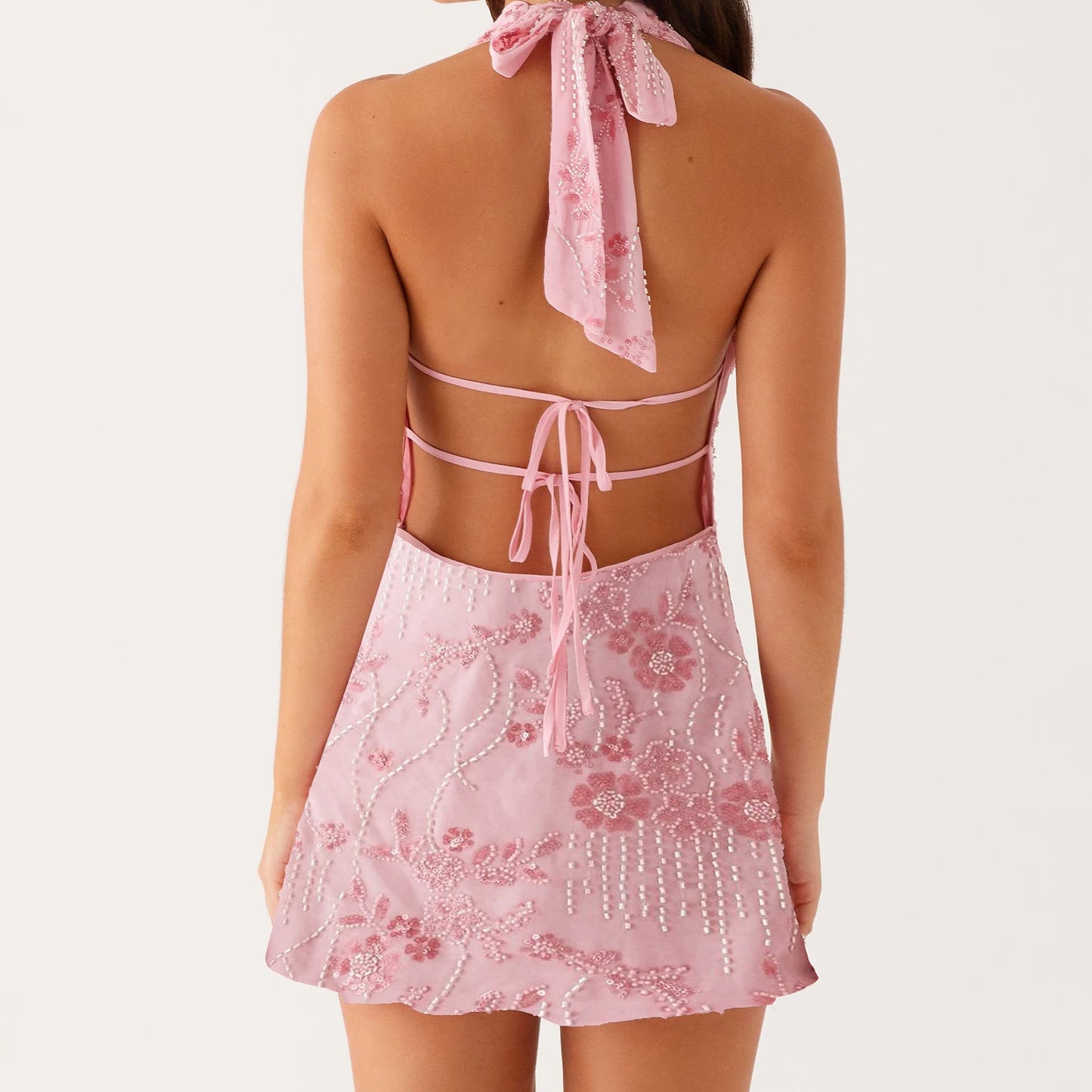 Pink Sequin Halter Mini Dress