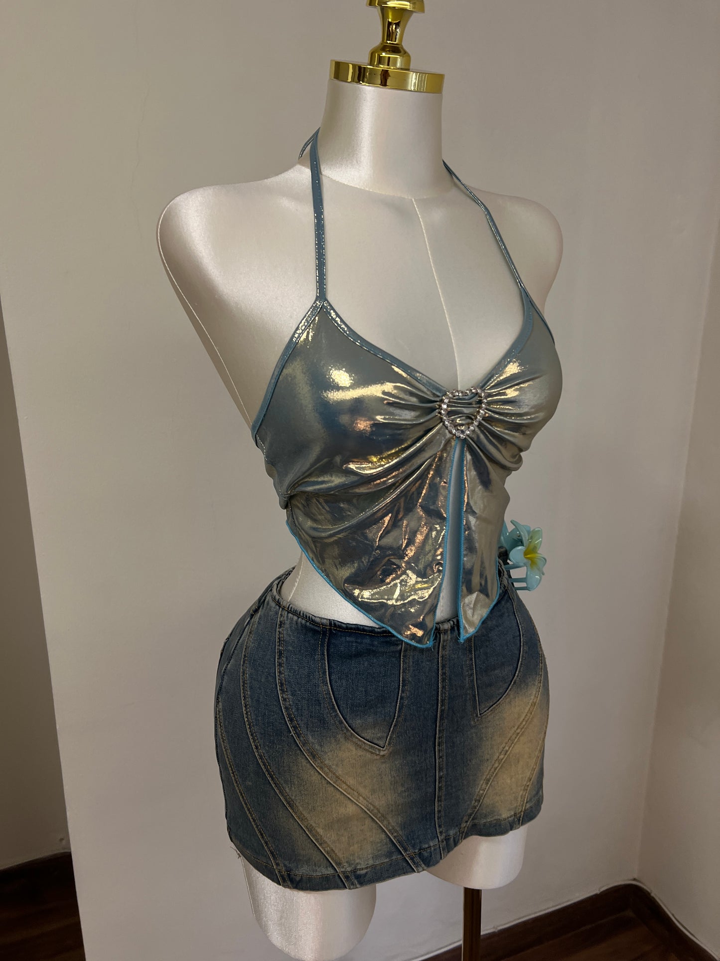 Blue Metallic Heart Top