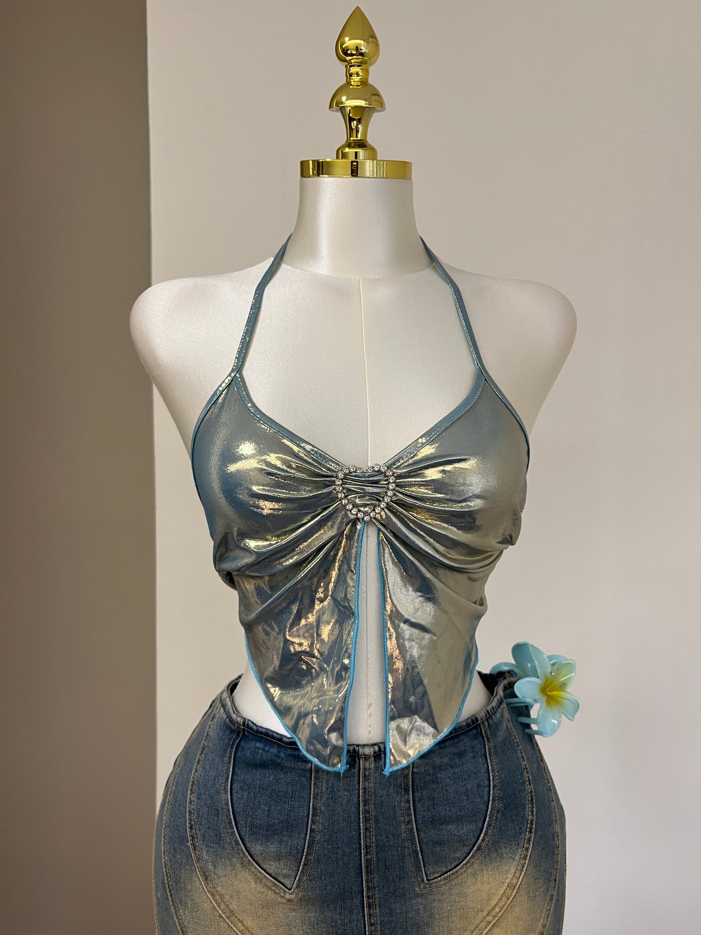 Blue Metallic Heart Top