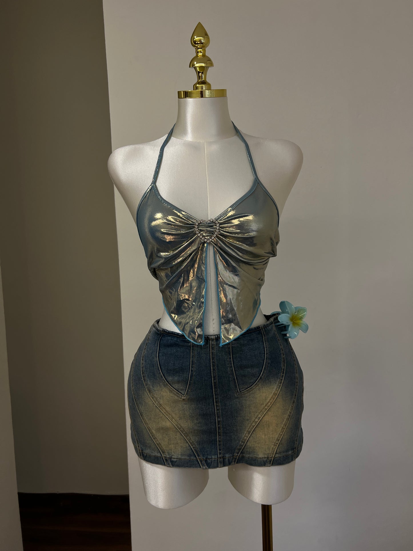 Blue Metallic Heart Top