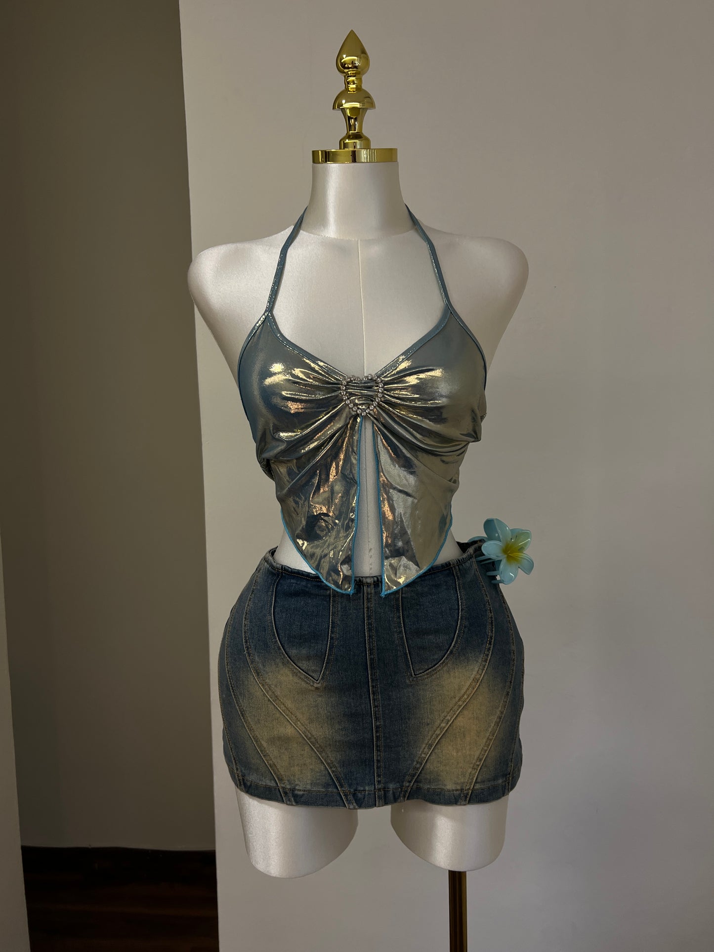 Blue Metallic Heart Top