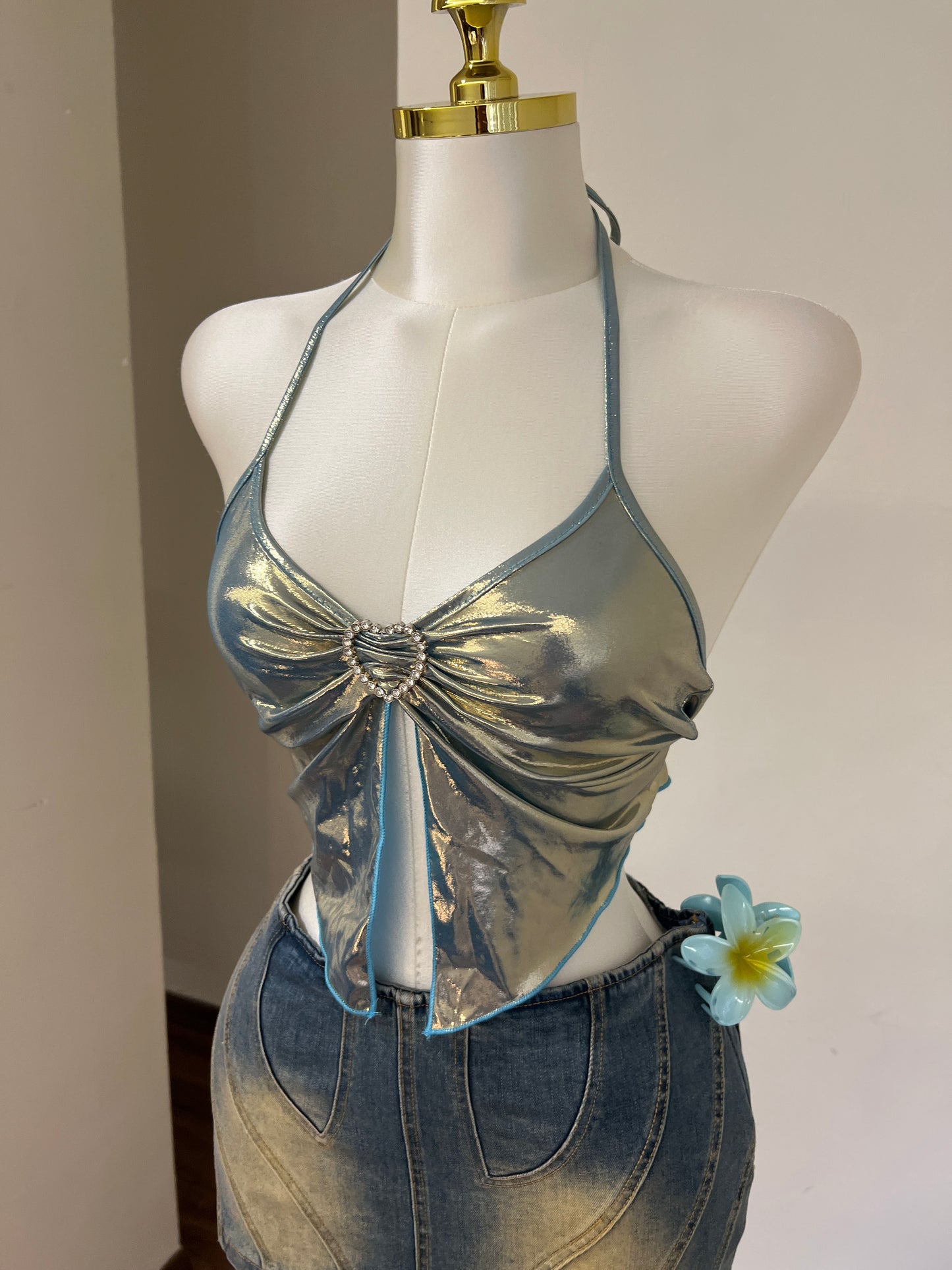 Blue Metallic Heart Top