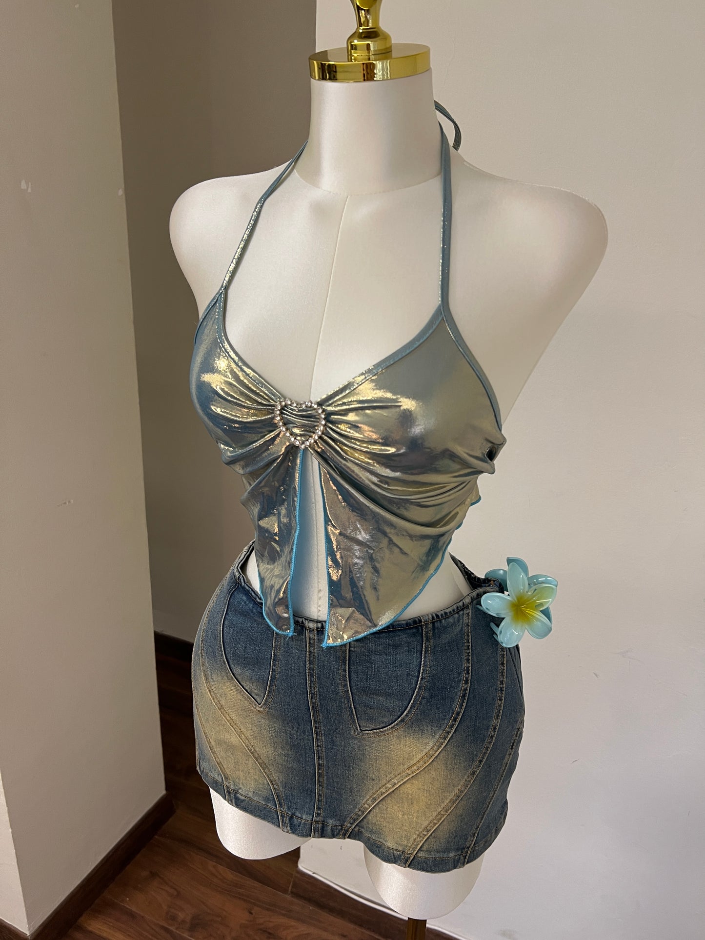 Blue Metallic Heart Top