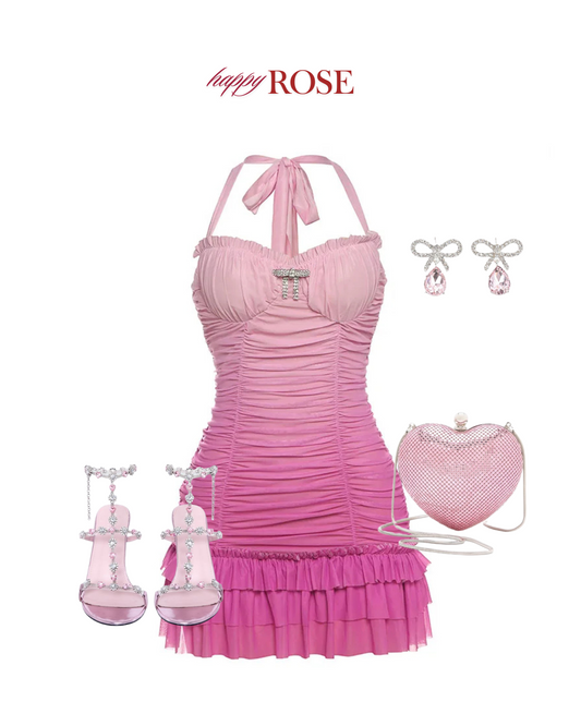 Gradient Halter Mini Dress / Ruched & Backless